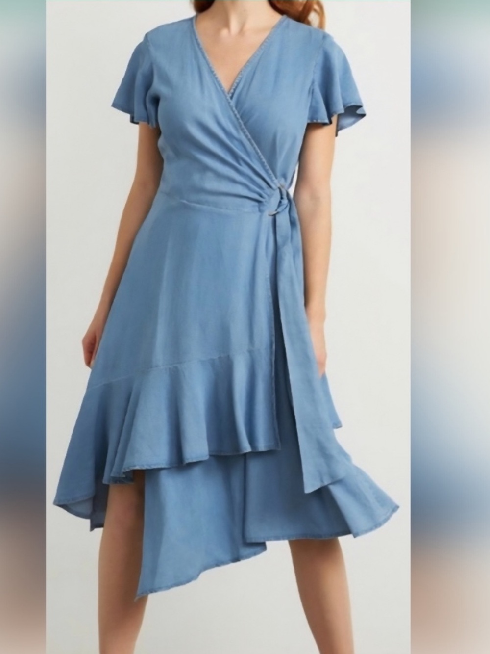 Joseph Ribkoff Chambray Wrap Dress Cottagecore Boho Midi Large L